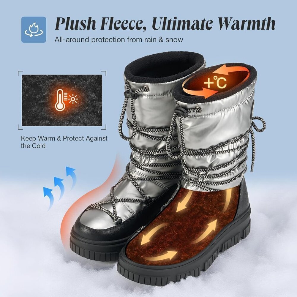 Women Grey Waterproof Fleece Lined Rain Boots for Winter Cold Weather - Picture 2 of 8